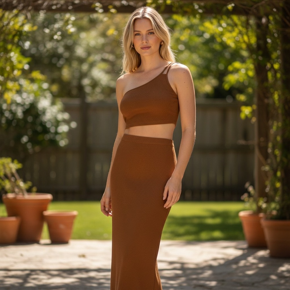 Mimosa Ribbed Brown One Shoulder Crop Maxi Dress Small NWT